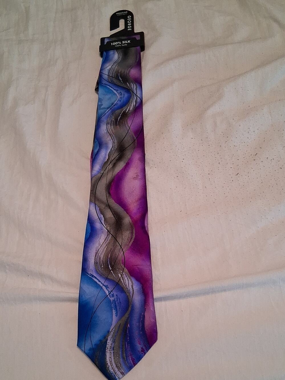 NWT George Men's Blue and Purple Silk Wave-Pattern Tie